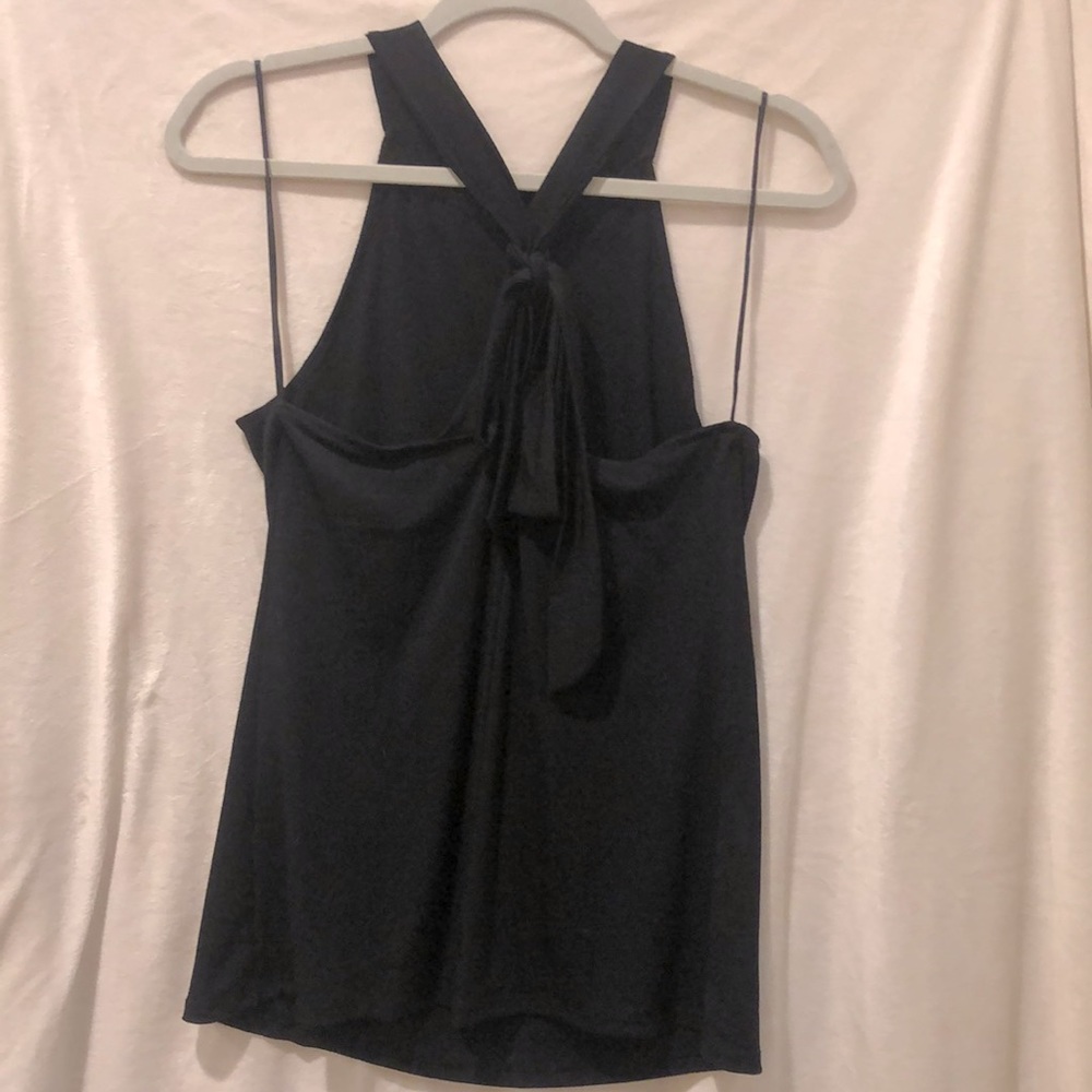 High neck, open back tie tank top
